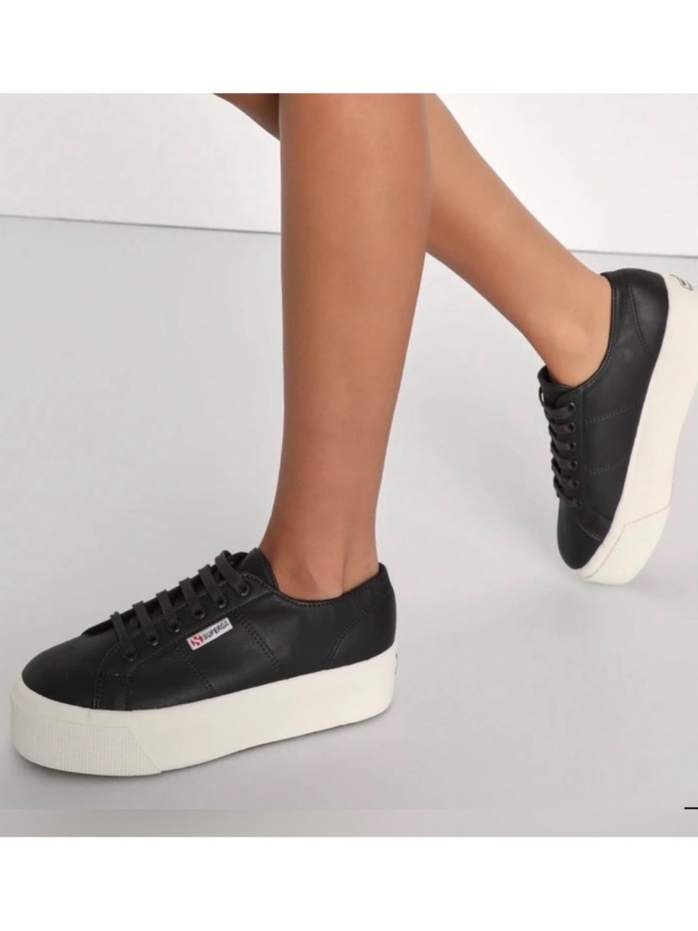 Superga 2790 Black Leather Platform Sneakers Size 41.5